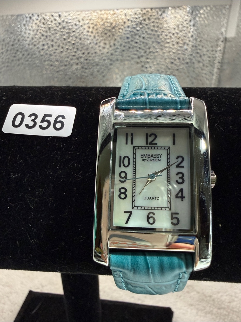 Embassy by Gruen Women's Teal Leather Strap Rectangle Silver-Tone Watch